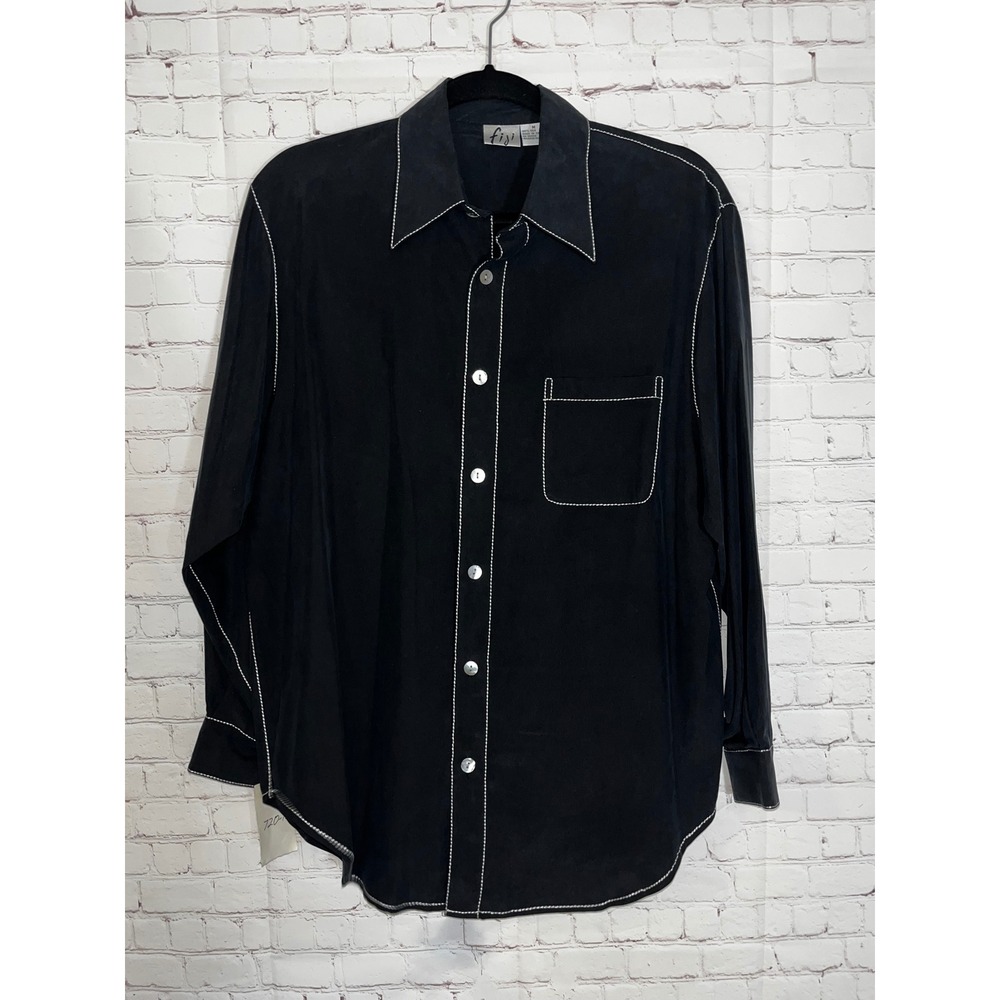 100% Silk Black Button Up Blouse Contrast Stitch Minimalist Long Sleeve Shirt M